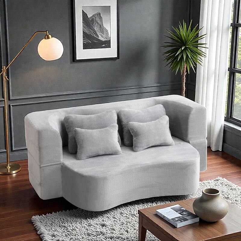 Queen Size Floor Sofa Futon with 4 Pillows, Modern Folding Mattress Couch, Plush Fabric No Assembly