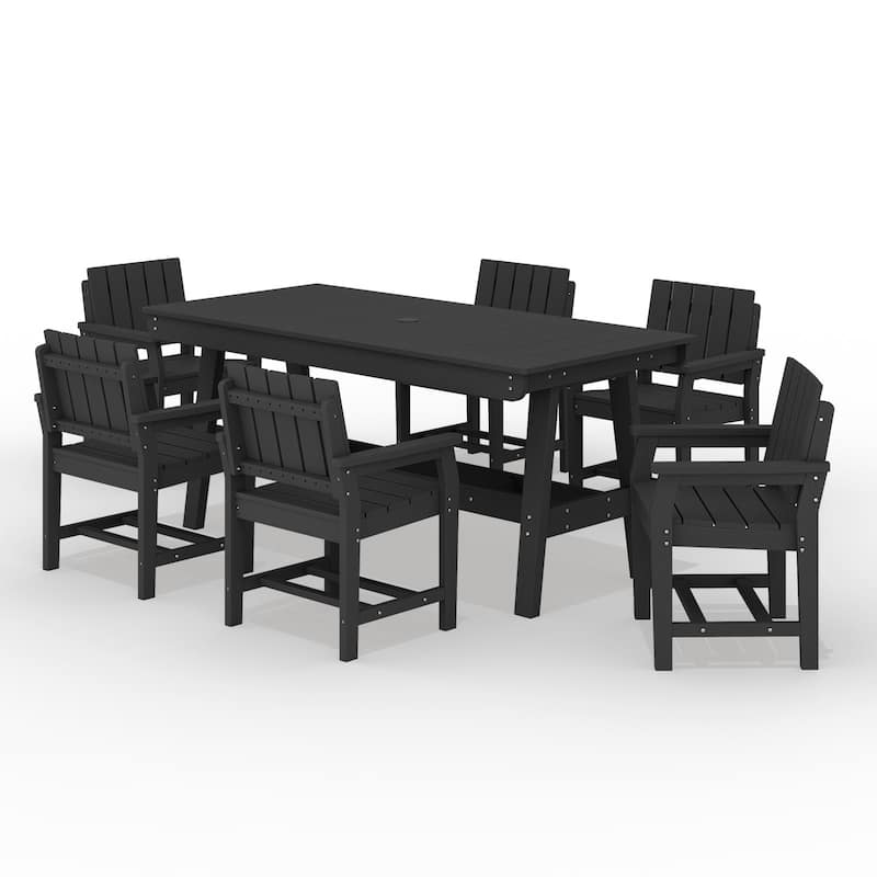 7-Piece HDPE Outdoor & Indoor Dining Set, Rectangular 67.91in W Table with Umbrella Hole and 6 Chairs Set of 7, Wood-Look Finish - Black
