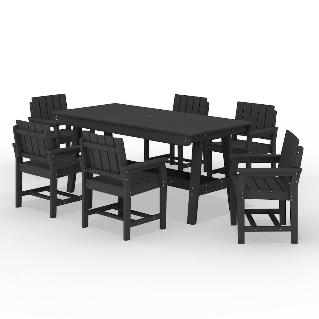 7-Piece HDPE Outdoor & Indoor Dining Set, Rectangular 67.91in W Table with Umbrella Hole and 6 Chairs Set of 7, Wood-Look Finish