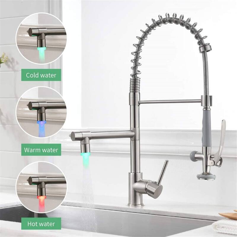 LED Commercial Pull Down Kitchen Sink Faucet With Sprayer Brushed Nickel Kitchen Faucets Single Hole High Arc Mixer Faucets