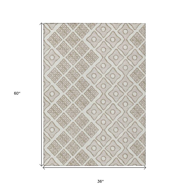 Ivory And Beige Geometric Washable Indoor Outdoor Area Rug - 3' x 5'