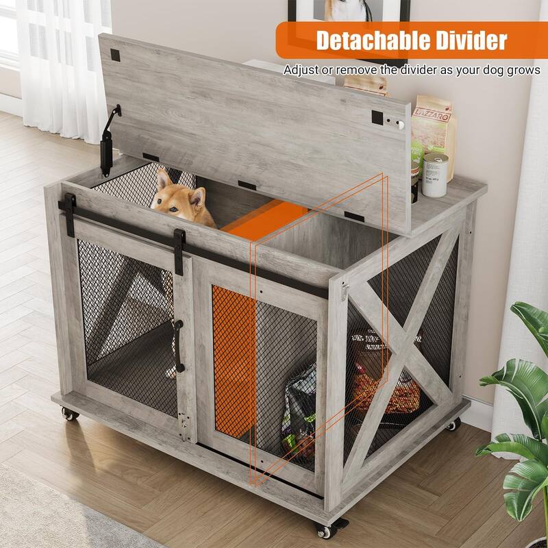 Dog Crate Furniture with Sliding Barn Door,Flip Top Furniture Style Dog Crate End Table with Wheels