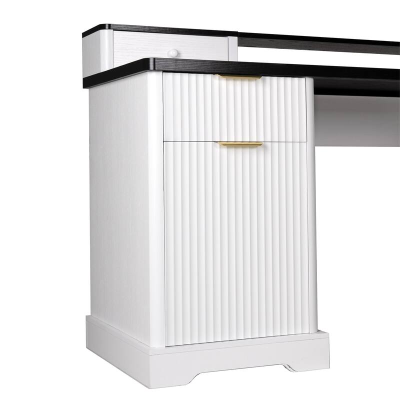 Roomfitters 59" Modern Fluted L-Shaped Desk with Charging Station, Monitor Stand & File Drawer