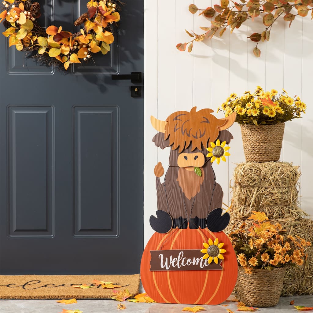 Glitzhome 30"H Fall Wood Highland Cow Porch Decor - 30''H