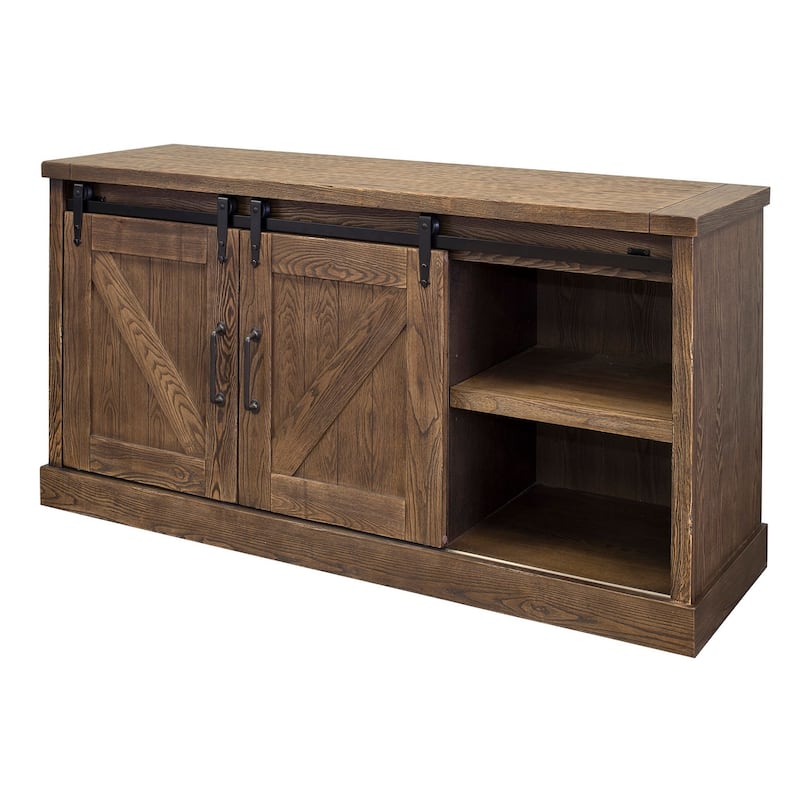 Avondale 60" TV Console, Barn Door Entertainment Stand, Wood Accent Cabinet, Brown