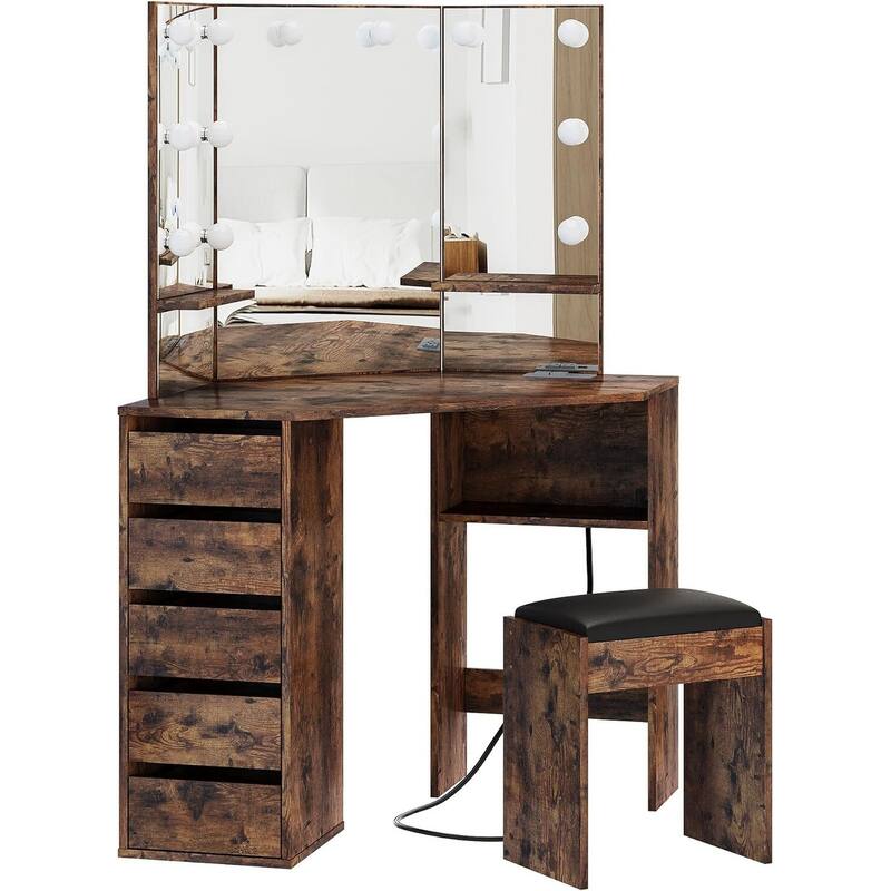 Vanity Desk with Mirror and Lights, Corner Makeup Vanity Desk
