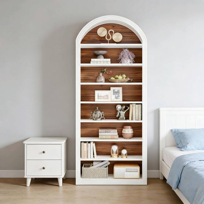 8-Tier Arched Bookshelf with Two-Tone Finish, Sturdy MDF Bookcase with Closed Back for Living Room, Study, or Kitchen