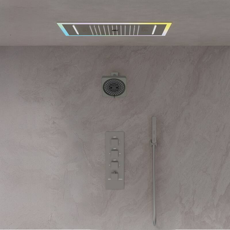 GRANDJOY Thermostatic LED Rain and Waterfall Shower System with Handheld, Ceiling-Mount Modern Design