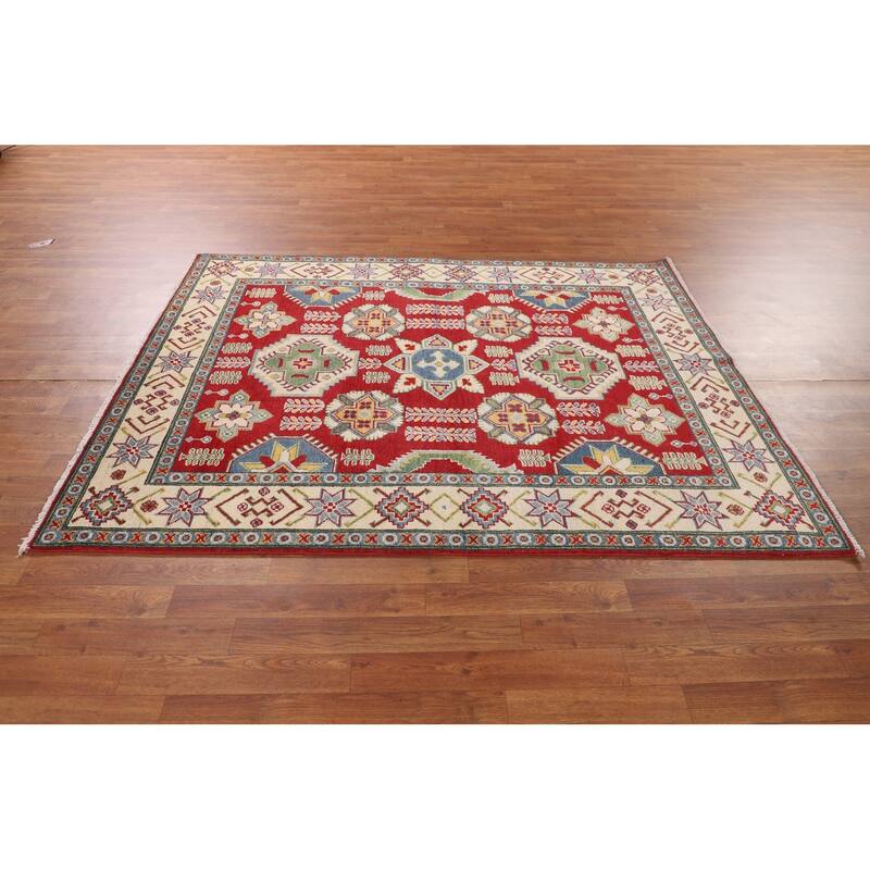 Red Geometric Kazak Rug Handmade Geometric Wool Carpet - 5'0" x 6'5"