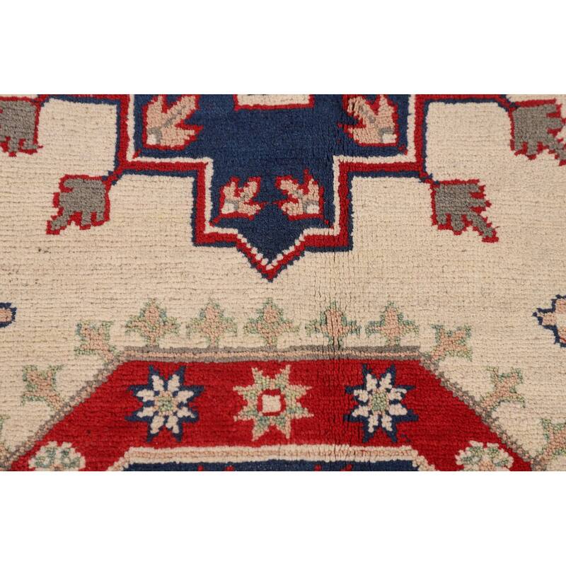 Geometric Kazak Area Rug Hand-Knotted Beige Oriental Wool Carpet - 6'9" x 9'9"