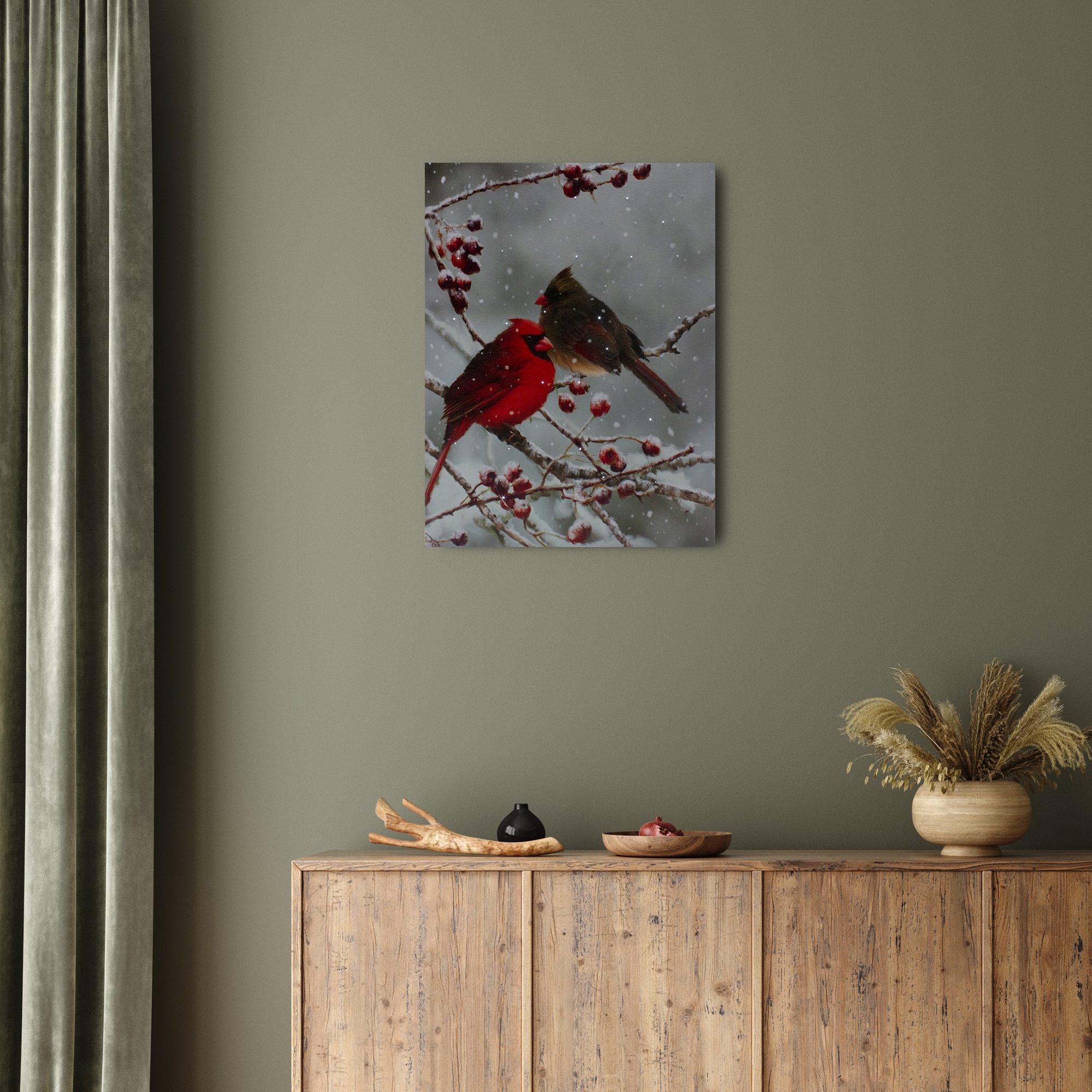 Lighted Red Cardinals Berries Christmas Canvas Wall Art 15.75 x 11.75