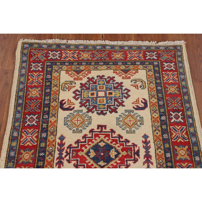 Geometric Beige Kazak Accent Rug Handmade Wool Carpet - 2'7" x 3'11"