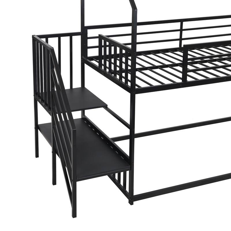 House-Shaped Twin Bunk Bed with Slide, Staircase, and Storage, Black