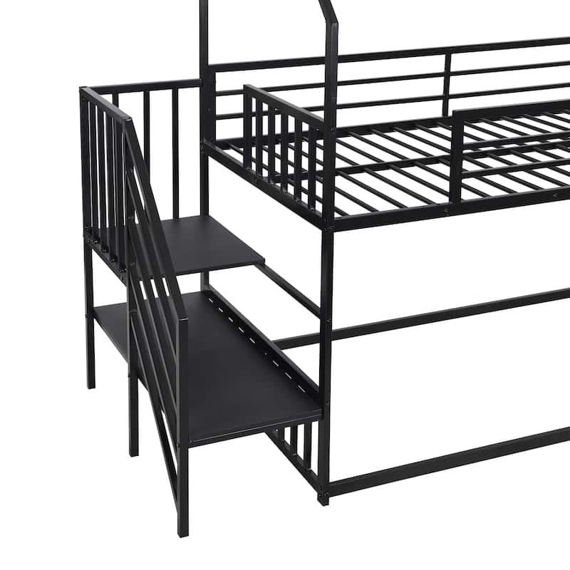 Roomfitters Twin over Twin House-Style Metal Bunk Bed with Slide and Staircase for Shared Bedrooms