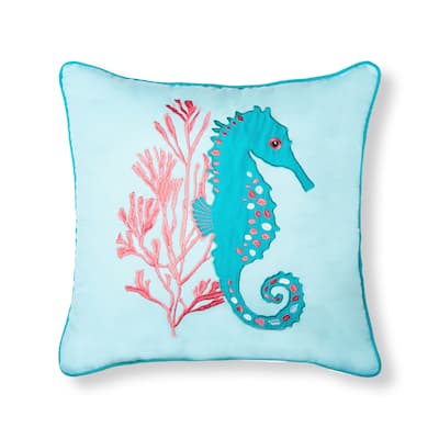 18" x 18" Seahorse & Coral Embroidered Throw Pillow