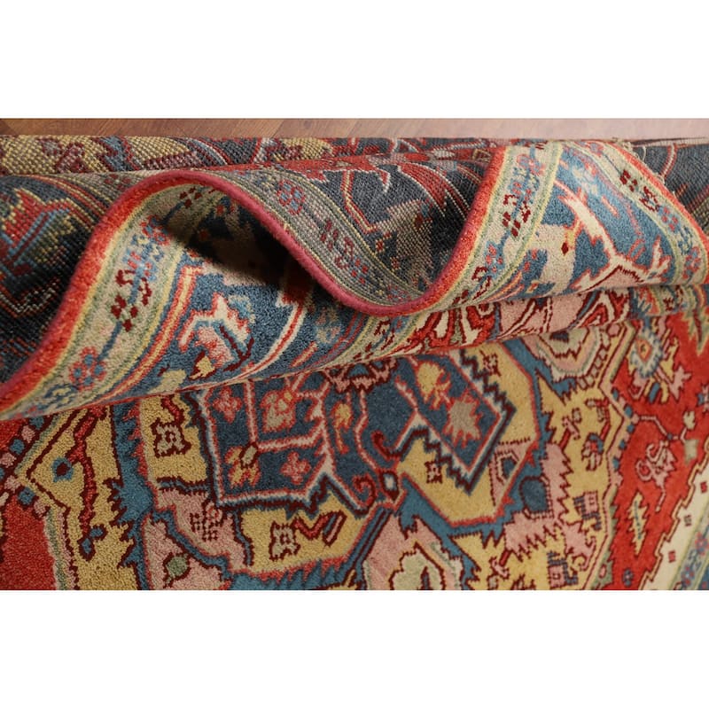 Geometric Heriz Serapi Indian Rug Hand-Knotted Orange Wool Carpet - 7'10"x 9'9"