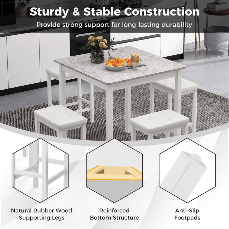 Costway 5 PCS Bar Table Set Square Dining Table & 4 PVC Leather