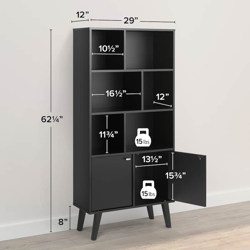 Prepac Milo Mid-Century Modern Bookcase with Six Shelves and Two Doors - 29 in. W x 62.25 in. H x 12 in. D