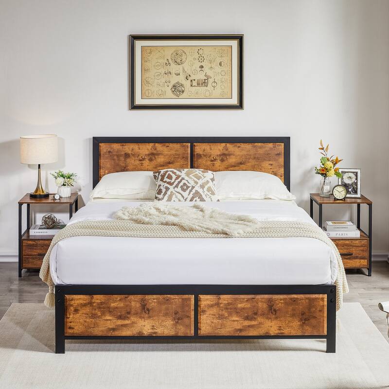 Bedroom Set of 3 Wood Headboard Platform Bed Frame Set of 2 Nightstands with Charging Station USB Port