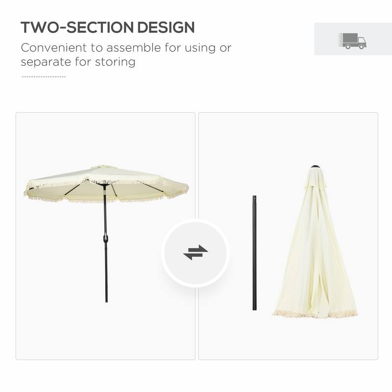 Outsunny 9ft Patio Umbrella with Push Button Tilt and Crank, Ruffled Outdoor Market Table Umbrella with Tassles and 8 Ribs