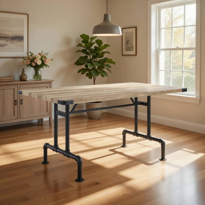 Ada 64 Inch Solid Wood Dining Table, Metal Frame, Rectangular, Brown