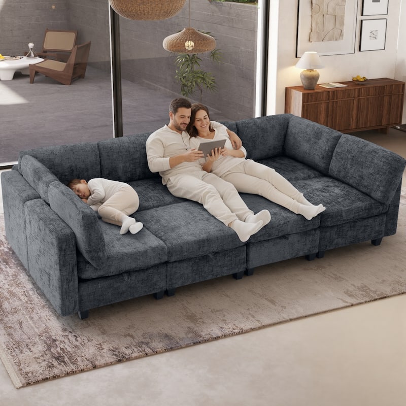 GDFStudio - Chenille Fabric 8-Seat 128" Modular Sectional Sofa with Storage & Solid Wood Frame