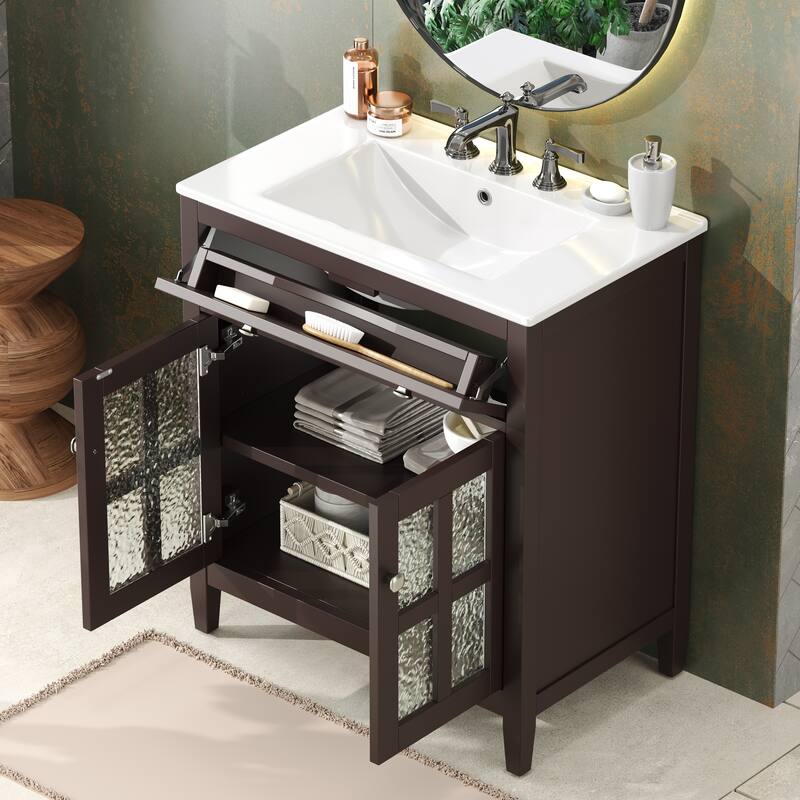 30" Storage Cabinet with Glass Doors, Bathroom Vanity with Ceramic Sink, Adjustable Shelf, Tip-Out Tray and Silver Metal Knobs