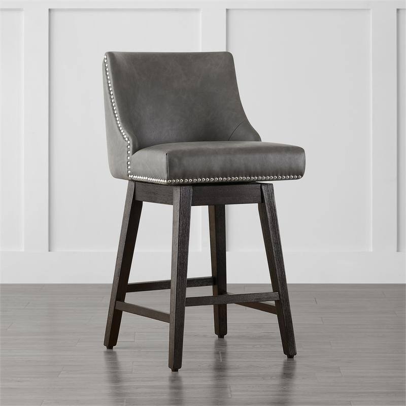 Spruce & Spring Olive Upholstered Counter Height Swivel Barstools-Single - Dark Grey-Faux Leather