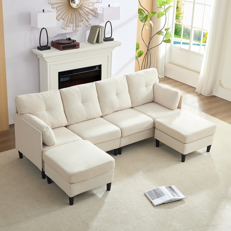 Mixoy W87"U-Shaped Sectional Couches,Velvet 4-Seater Convertible Sofa With Movable Storage Ottomans - W87''*D51.2''*H33.5'' - Beige
