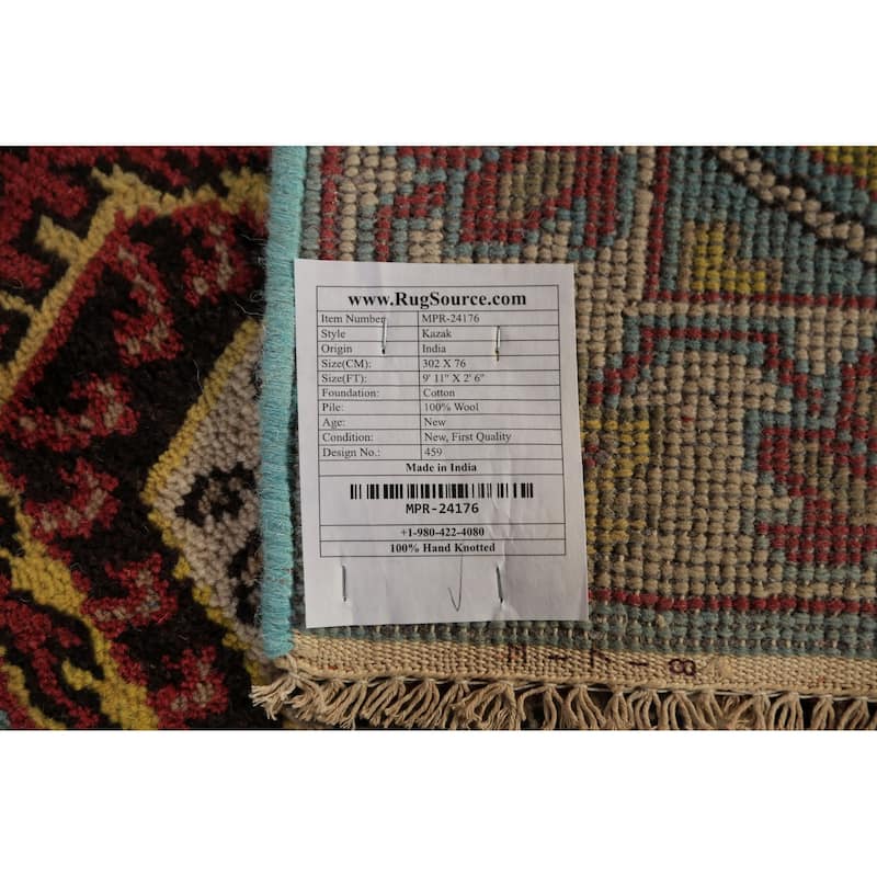 Light Blue Geometric Kazak Indian Runner Rug Handmade Wool Carpet - 2'6"x 9'11"