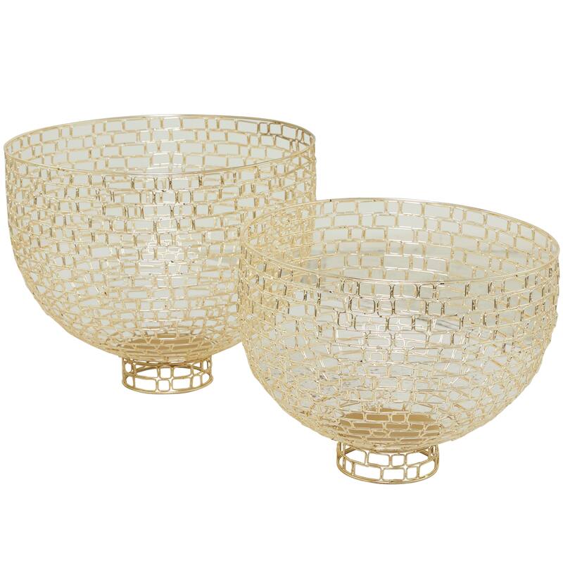 Gold Metal Decorative Bowl Decorative Bowl with Chain Link Patterns (Set of 2)