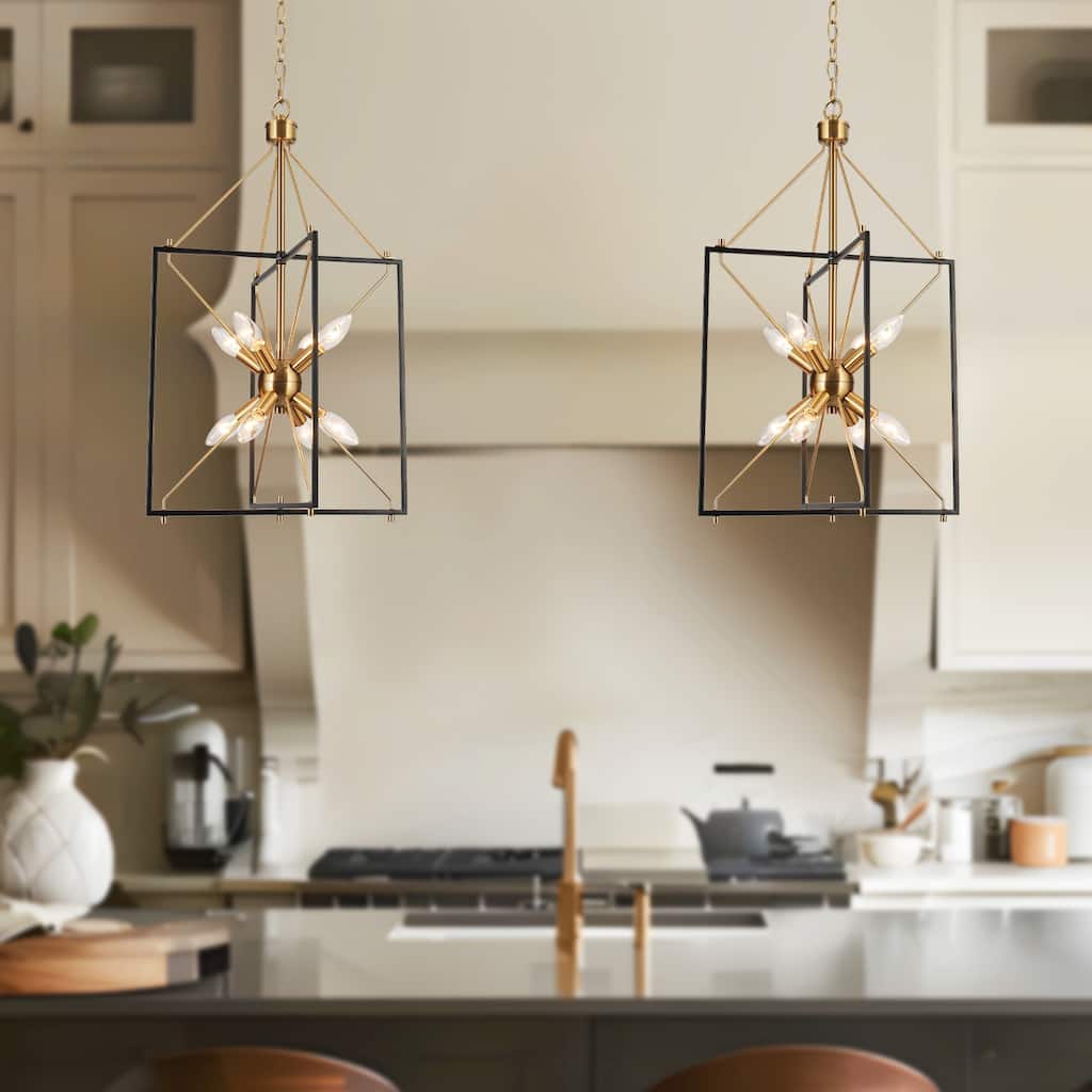 Modern 8-Light Black Gold Geometric Chandelier Metal Ceiling Square Pendant Lighting for Kitchen Island