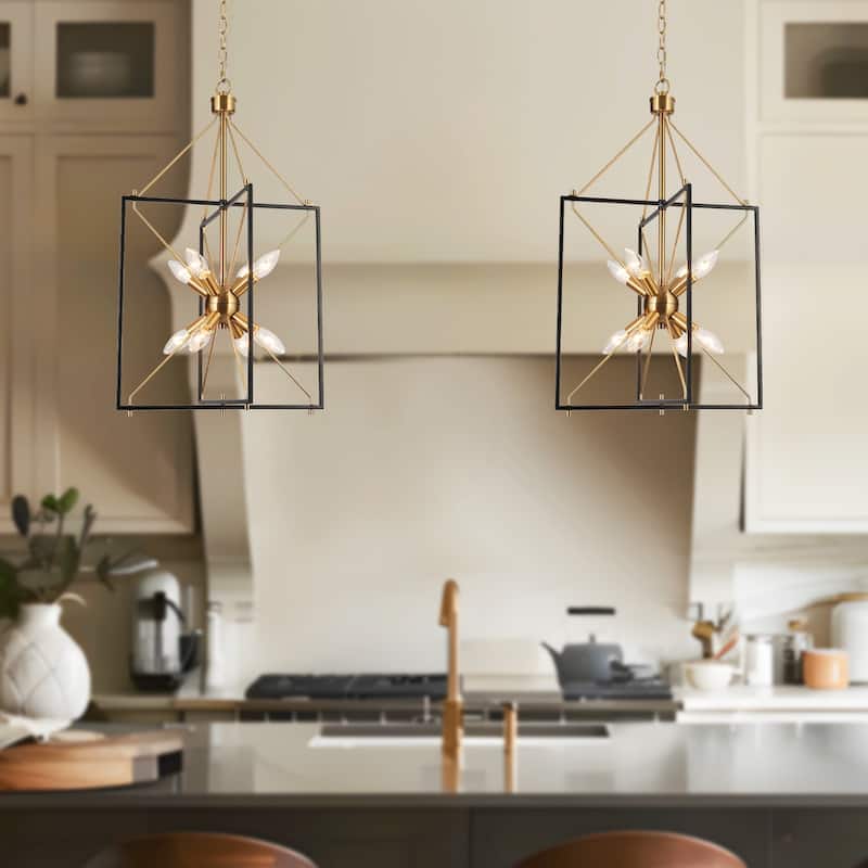 Modern 8-Light Black Gold Starburst Chandelier Metal Pendant Lights for Dining Room - 16" L x 15" W x 26" H