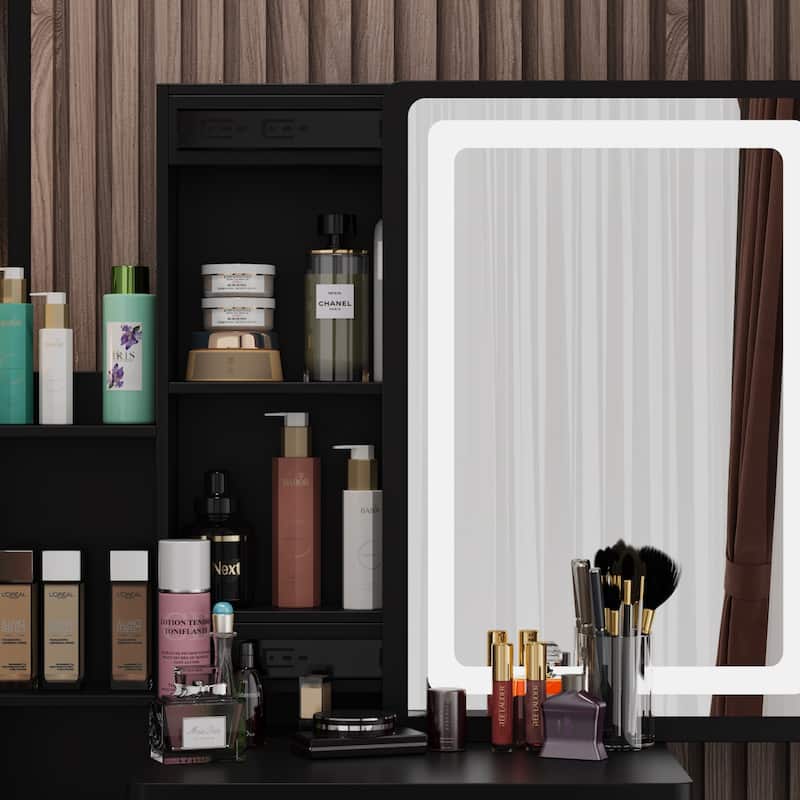 Timechee Makeup Vanity Set with Sliding Lighted Mirror Dressing Table - 33"L x 15.7"W x 52.4"H