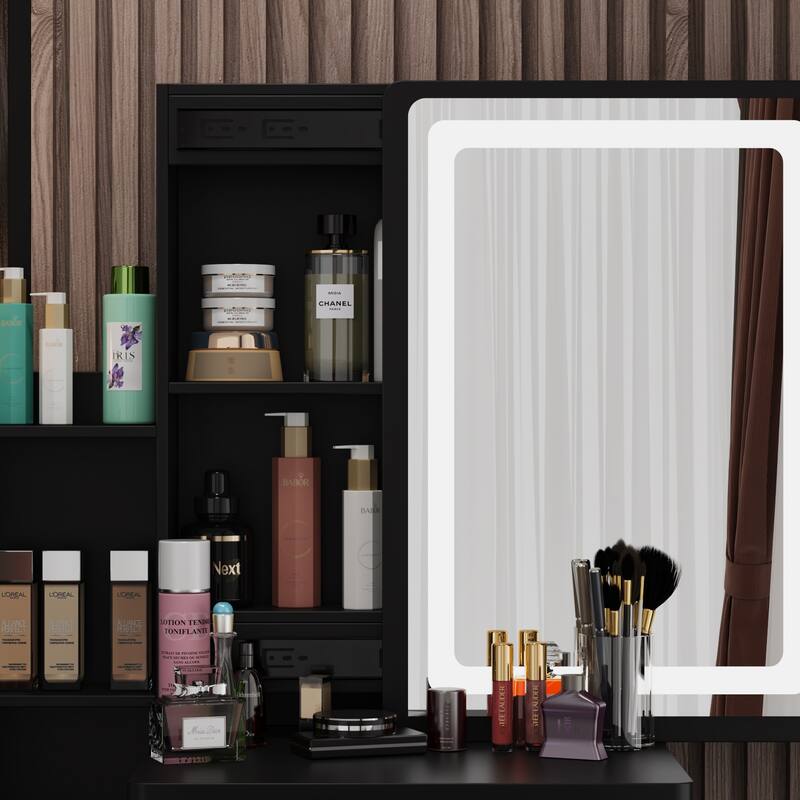 Makeup Vanity Set with Sliding Lighted Mirror & Stool - Hidden Shelves - 33"L x 15.7"W x 52.4"H