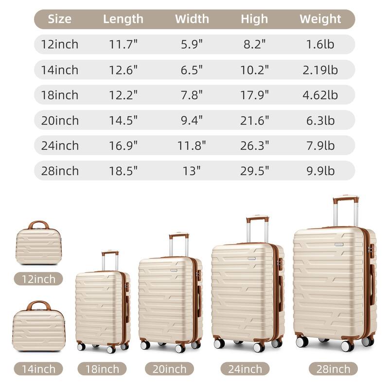 6-Piece, Luggage Sets, Hard-Shell Expandable Luggage with 2 makeup bags and Combination Lock, for Boarding Travel