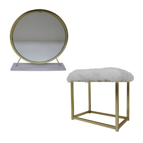 Rose Round Vanity Mirror with Stool, Faux Fur Seat, Brass, White