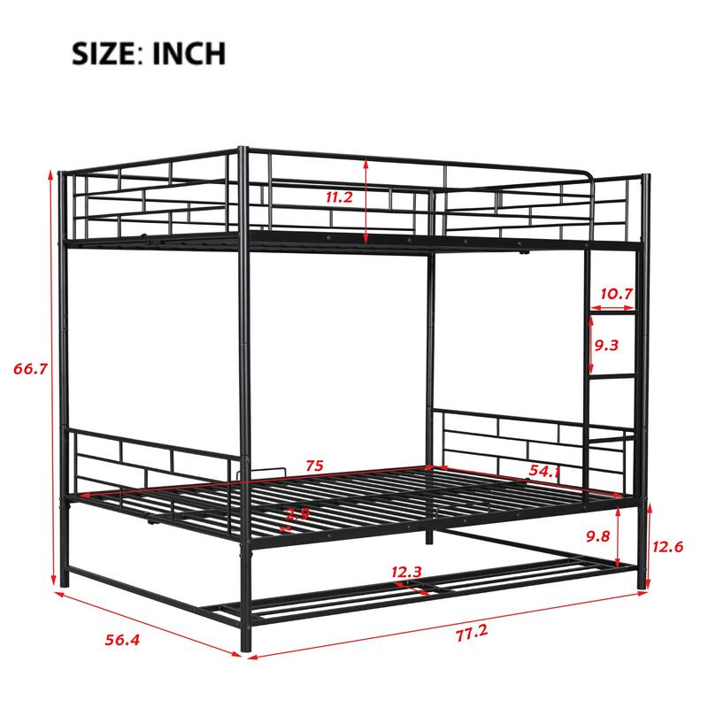 Full Over Full Metal Bunk Bed with Shelf and Guardrails
