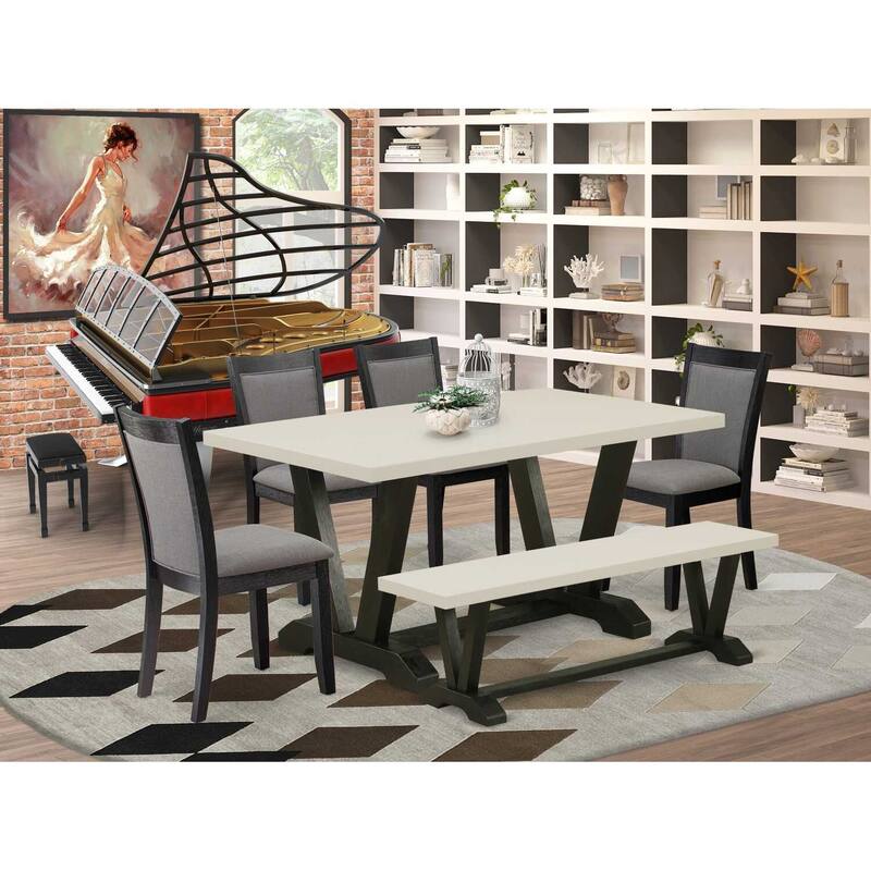 HomeStock 6-Piece Rectangle Natural Oak Finish Solid Wood Top Dining Table with 1-Bench, 4 Upholstered-Chairs