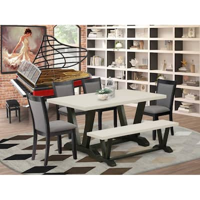 HomeStock 6-Piece Rectangle Natural Oak Finish Solid Wood Top Dining Table with 1-Bench, 4 Upholstered-Chairs