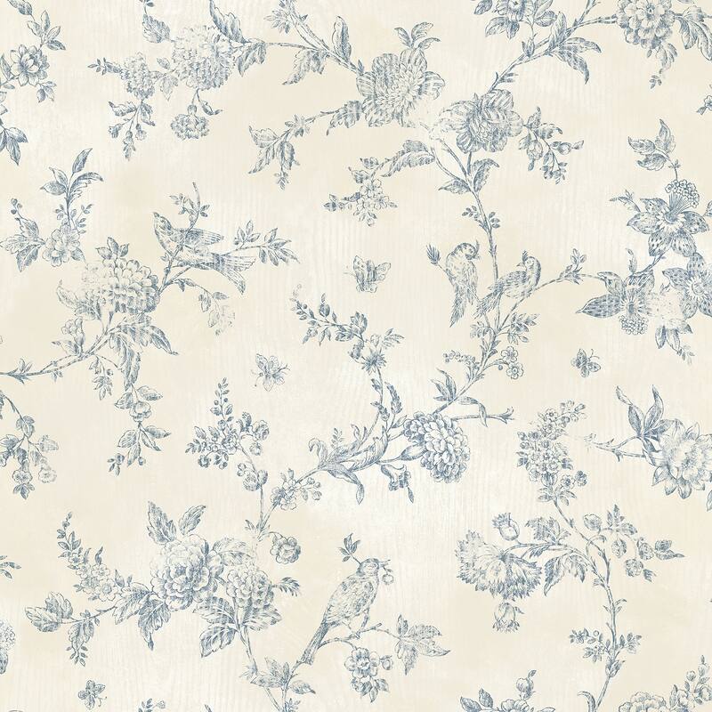 Floral Trails Duarte Singapore Navy Toile 33' L X 20.5" W Wallpaper Roll - Navy
