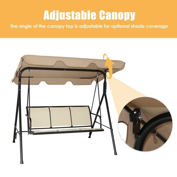 3 Person Steel Frame Patio Swing with Polyester Angle and Adjustable Canopy - Brown - 67" x 43.5" x 60.5" (L x W x H)