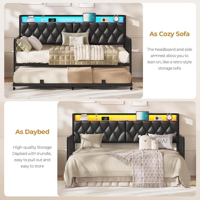 Daybed with Trundle Charging Station LED Lights Storage Headboard