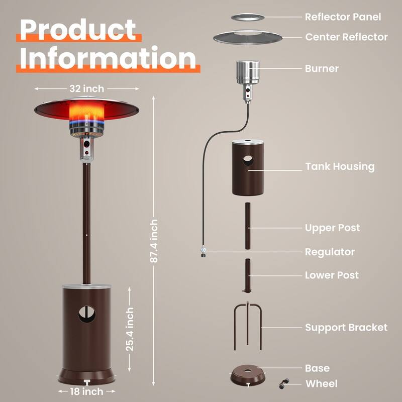 48000 BTU Propane Standing Patio Heater with Cover - N/A