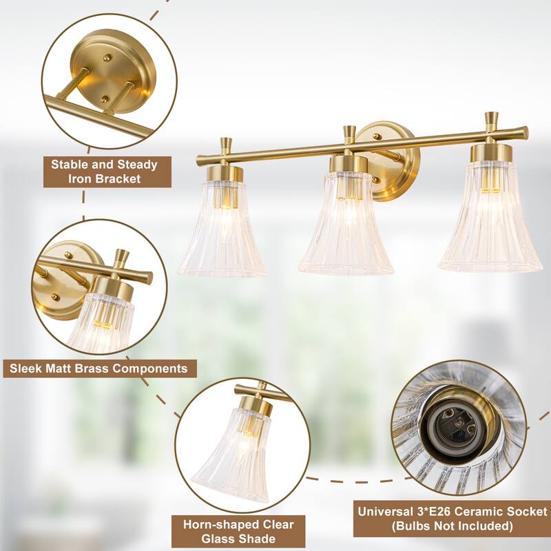 Gold Metal Wall Sconce Ribbed Trumpet Glass Shade for Bathroom Vanity