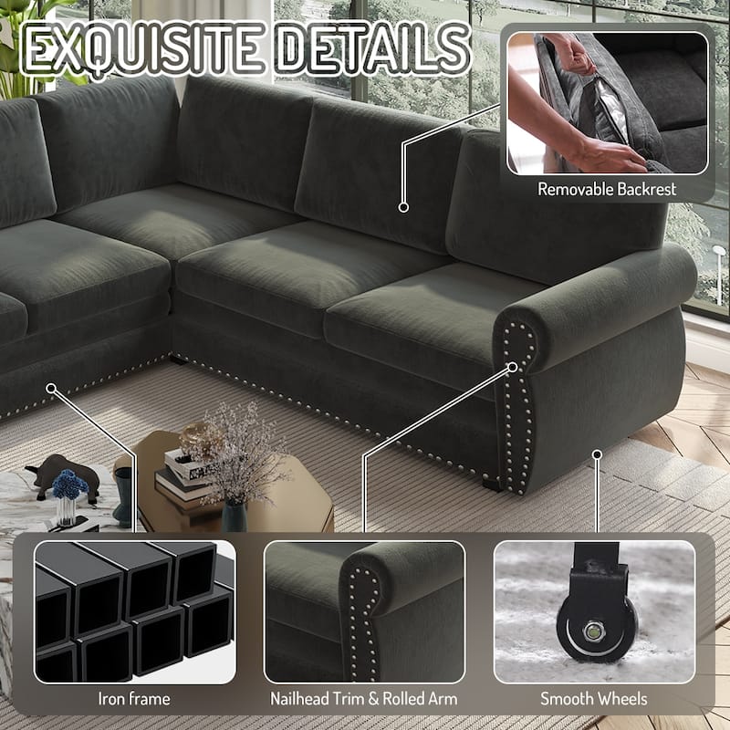 Homy Casa L-Shaped Sectional Sofa w/ Pull-Out Bed, Chenille Sleeper Couch w/ Nailhead Trim & Rolled Arm, Oversize