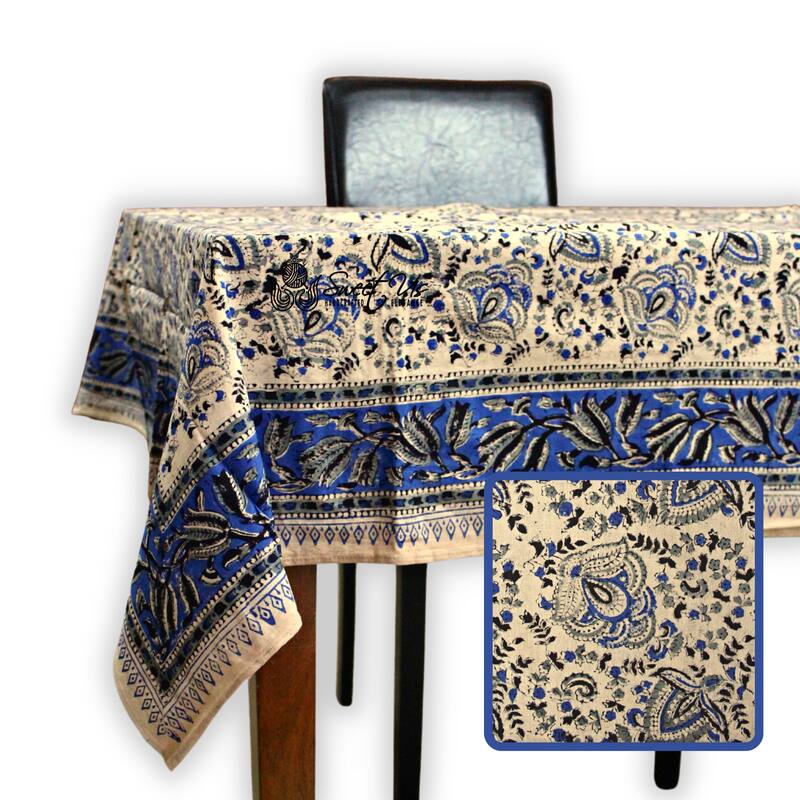 Ashlyn Handmade Cotton Floral Square Tablecloth Blue Red Green - 70 x 70 in - Ashlyn Blue Zodiac