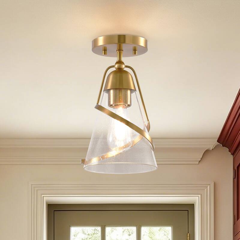 7" Modern Seeded Glass Gold Dimmable Small Semi-Flush Mount Ceiling Light