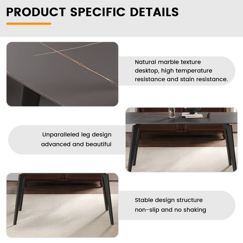 62.99" Modern Artificial Stone Black Curved Edge Black Metal Leg Dining Table-Can Accommodate 6 People(Dining Table Only)