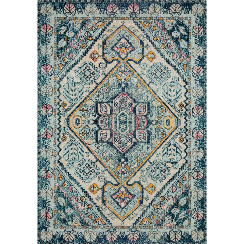 Alexander Home Vintage Boho Diamond Medallion Distressed Rug - 6' 7" x 9' 2" - Aqua/Navy - Runner/Rectangle